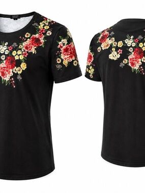 Modfine Black Floral Short Sleeve Tunic Top XXL